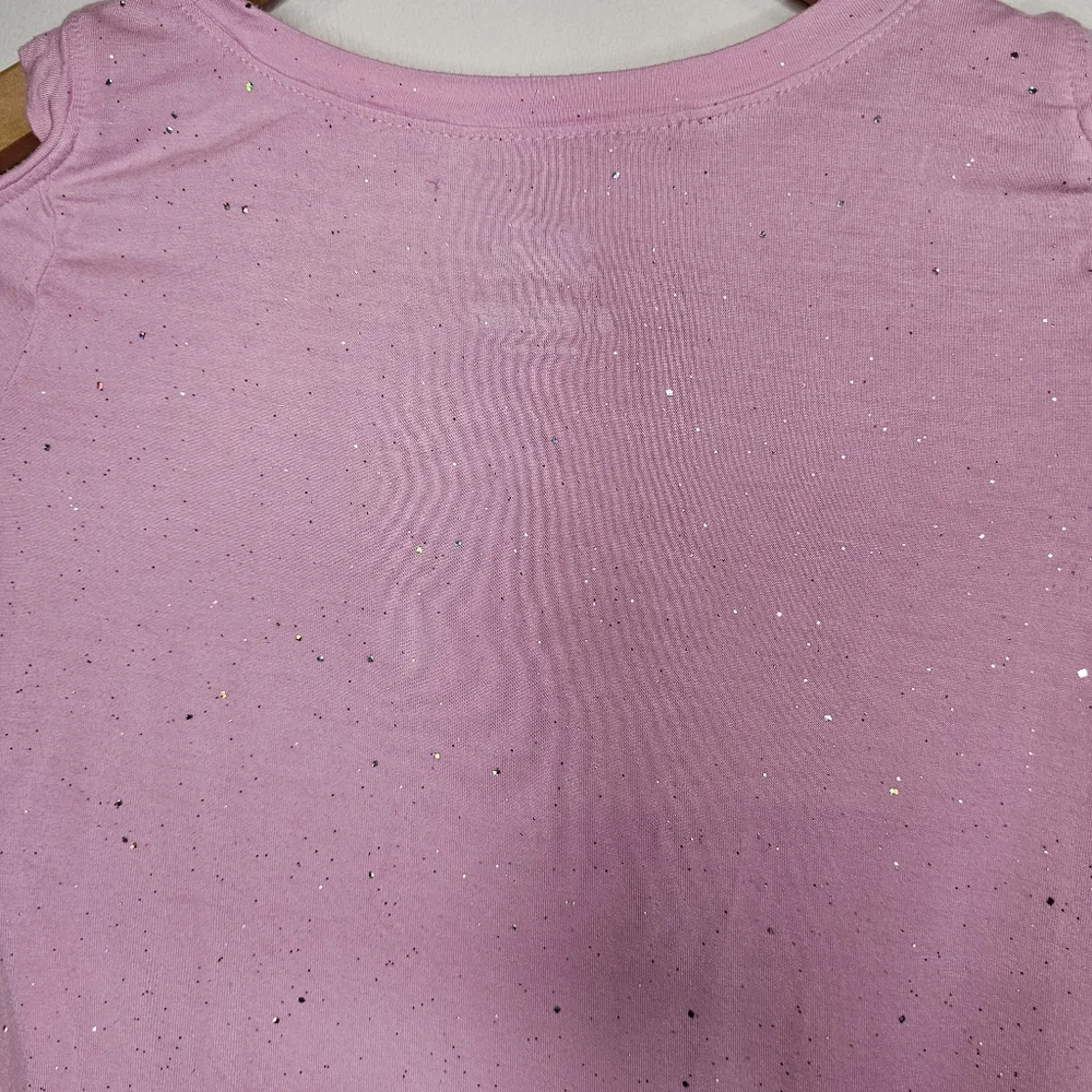 Justice Girls Pink Cold Shoulder Long Sleeve Top Size 6 Glitter Sparkle Graphic